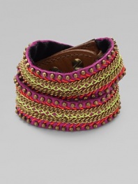 Golden beads and chains are stitched with neon-bright cord onto a pink leather, double-wrap cuff in this edgy, urban design.LeatherGoldtoneCotton backingLength, about 15¾Width, about 2¾Stud snap closureImported