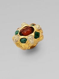 A chunky golden ring with feather motifs is colorfully set with malachite and radiant crystals.MalachiteSwarovski and Czech crystal GoldtoneWidth, about 1½Made in USA