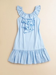 A cute drop-waist dress in a soft cotton blend is finished with ruffles for a pretty look.Ruffled scoopneckSleevelessPullover styleDrop-waistRuffled hem60% cotton/40% modalMachine washImported