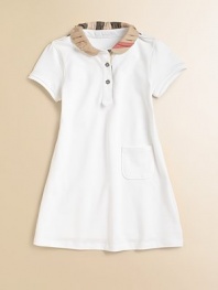 This sweet knit dress is embellished with a pleated check collar and placket. Epaulettes Peter Pan collar Short sleeves Two button placket front Front left patch pocket A-line skirt Cotton/elastane Machine wash Imported Please note: Number of buttons/snaps may vary depending on size ordered. 