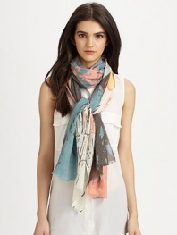 A luxurious blend of silk and cashmere with colorful folliage print. 50% silk/50% cashmereAbout 28 X 80Dry cleanImported 