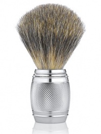 Elegantly handcrafted in polished chrome and designed for comfort and durability, with a micro-textured surface for style and grip. Uses Pure Badger Hair to generate a rich and warm lather to soften and lift the beard, open pores, bring sufficient water to the skin and gently exfoliate. 