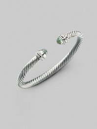 From the Silver Ice Collection. A signature cable of sterling silver, capped with soft green prasiolite, banded with pavé diamonds. Diamonds, 0.2 tcw Sterling silver Cable, 5mm Diameter, about 2¼ Made in USA