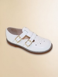 English style leather classics that are perfect for school, play and parties. Twin T-straps with adjustable buckles Perforations on toe Rubber traction sole Padded insole Imported Please note: It is recommended that you order ½ size smaller than measured. If your child measures a size 7.0, you may want to order a 6½. 