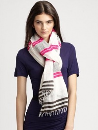 An allover multi-stripe design in a gauzy cotton blend. 85% cotton/15% acrylicAbout 26 X 80Dry cleanImported 
