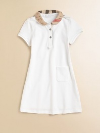 This sweet knit dress is embellished with a pleated check collar and placket. Epaulettes Peter Pan collar Short sleeves Two button placket front Front left patch pocket A-line skirt Cotton/elastene Machine wash Imported Please note: Number of buttons/snaps may vary depending on size ordered. 