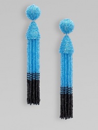 A bright fully beaded design with a dual-color tassel. Glass beads Drop, about 5 Clip-on back Imported 