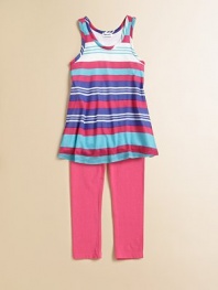 Colorful stripes adorn an oh-so-easy tunic-length tank paired with solid color leggings for one of her favorite looks.Scoop necklineSleevelessSlight cutaway shouldersSubtly flared shapeElastic-waist solid leggingsMicro modalMachine washMade in USATop; pattern varies