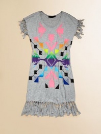 This soft knit style is printed with a vibrant, tribal-inspired patterned and decorated with knotted fringe.Jewel necklineFringe-trimmed cap sleevesFringe-trimmed hemlineScreen-printed detailRayonHand washImported