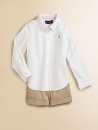 Preppy cotton oxford style detailed with a pinstriped undercollar and cuffs for a tailored look.Button-down collar Multicolor embroidered pony on chest Long sleeves with barrel cuffs Rounded shirttail hem with striped gussets Split back yoke Cotton Machine wash Imported