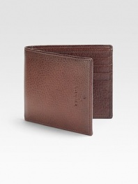 Calfskin leather billfold with embossed logo.One bill compartmentEight card slots4¼W x 3¾HMade in Italy