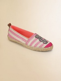 A bejeweled logo embellishment adds a touch of flash to this cozy pair of striped canvas flats.Slip-on style60% viscose/27% polyester/13% linen upperCotton liningRubber solePadded insoleImported
