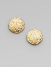 Free-form, shell-shaped earrings of glowing goldtone, richly textured and accented with dazzling glass rhinestones.GlassGoldtoneDiameter, about ¾Post backImported