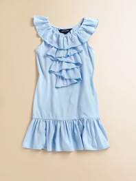 A comfortable drop-waist dress in a soft cotton blend is finished with ruffles for a preppy look.Round, ruffled trim collarSleevelessPullover styleDrop-waist silhouette with ruffled hem60% cotton/40% modalMachine washImported