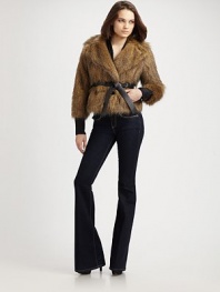 Lush faux fur takes on vintage appeal in this cropped double-breasted silhouette.Shawl collar Double-breasted button front Princess seams Self-belt Inseam pockets About 22¼ from shoulder to hem 70% modacrylic/30% acrylic Dry clean Imported