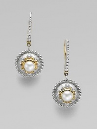 Lustrous pearl, dazzled by diamonds and accented by gold and silver balls.Diamonds, 0.06 tcw White freshwater pearls 18K yellow gold Sterling silver Pierced Imported