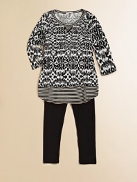 A layered-look knit goes wild in contrasting prints and stripes, coupled with a pair of matching leggings for a cool ensemble.ScoopneckLong sleevesPull-over styleLayered-look, round hemElastic waistband92% rayon/8% linenMachine washImported