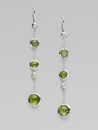 From the Silver Rain Collection. Delicate diamonds and richly colored faceted peridot within setttings of hammered sterling silver dangle delightfully from graceful chains.Diamonds, .20 tcw PeridotSterling silverDrop, about 2½Ear wireImported