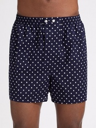 A men's essential in softly mercerized, polka-dotted cotton. Rear panel seat construction adds a longer life. Elastic waist Adjustable button closure Open fly Inseam, about 4 Cotton; machine wash Imported