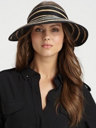 This braided style features a wide brim and a striped design. RaffiaTie backBrim, about 4Imported 