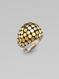 A striking yet simple design, with a dome of polished 18k gold dots and a sterling silver textured border and smooth band.18k yellow gold and sterling silverWidth, about ¾Made in Bali