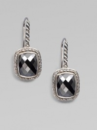 From the Noblesse Collection. A beautifully, faceted hematite stone surrounded by dazzling diamonds in sterling silver on a cable accented hook back. HematiteDiamonds, .42 tcwSterling silverDrop, about ½Hook backImported 