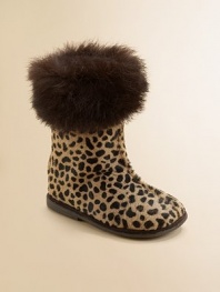 Keep her warm and stylish in these leopard print boots with a fuzzy rabbit fur collar and back zipper for easy on and easy off.Zipper closurePony hair upperLeather liningRubber solePadded insoleMade in Italy