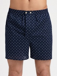 Detailed anchor print lends character to this classic gentleman's boxershort of ultra-soft cotton with an adjustable waist for added comfort.Two-button elastic waistbandInseam, about 3½CottonMachine washImported