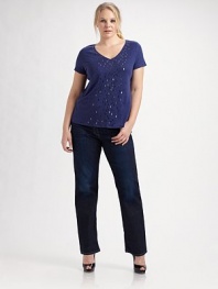 Matte sequins adds a luxe touch to this airy linen knit.V neckline Short sleeves Pullover style Linen; hand wash Imported