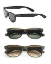 Funky two-tone frames update this modern wayfarer style. Available in black with green lens, tortoise with green lenses, or camo green with green lens. Plastic Made in Italy 