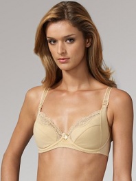 A pretty underwire nursing bra with cups specially constructed for soft comfort and absorbency where you need it most. Easy-cup release allows one-handed operation Power-mesh wings anchor bra in place Cotton/nylon/lycra/spandex; hand wash Imported