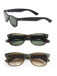 Funky two-tone frames update this modern wayfarer style. Available in black with green lens, tortoise with green lenses, or camo green with green lens. Plastic Made in Italy 