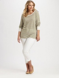 A lightweight linen blend sweater featuring nautical-inspired stripes and button details. Round neckLong sleevesButton details on shoulderSolid, ribbed trimPull-on styleAbout 32 from shoulder to hem45% linen/33% viscose/22% polyamideHand washImported of Italian fabric