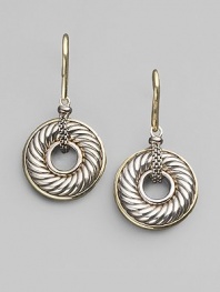 Ornately textured donuts of sterling silver are sparked with accents of 18k yellow gold. Sterling silver and 18k yellow gold Drop, about ½ Ear wire Made in USA