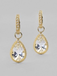 Like a crystalline dewdrop, these faceted white topaz stones, accented with diamonds, are radiant within settings of 18k yellow gold. White topaz Diamonds, 0.04 tcw 18k yellow gold Charm length, about ¾ Charm width, about ½ Jump ring bale Imported Please note: Earrings sold separately