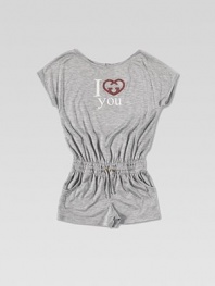 A cozy, short sleeved one-piece adorned with interlocking, studded G heart that's transformed into an 'I Love You' print.Round necklineShort sleevesBack keyhole buttonElastic waistband with drawstringSide pocketsViscoseHand washMade in Italy