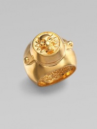 A radiant goldtone piece with a bold, signature skull center. Goldtone brassEmbossed skullWidth, about 1Made in Italy 
