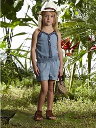 A bleached denim one-piece is given a pretty update with ruffled trim, signature web straps, bow and GG heart detail.Sweetheart necklineSleevelessFront snapsElastic waistbandCuffed hemSilk liningLyocellDry cleanMade in Italy Please note: Number of snaps may vary depending on size ordered. 