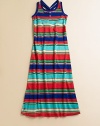 The fun jersey maxi dress is styled with bright stripes and a cross-back design for a fun, preppy look.ScoopneckSleevelessFront button placketScooped cross-back with knot detailWaist with pintuck detailingLarge patch pockets with button closureCottonMachine washImported