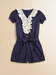 A stylish romper rendered in Swiss-dot cotton is accented with ruffled lace and a sash for the perfect seasonable ensemble.V-neck with ruffled lace trimShort puffed sleevesButton frontElastic waist with self-tie sashBottom snapsStriped ruffles at hemCottonMachine washImported Please note: Number of buttons/snaps may vary depending on size ordered. 