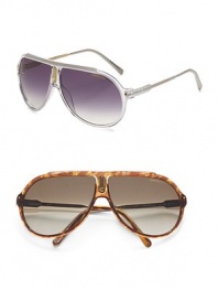 Vintage plastic aviators with Carrera logo on metal temple. Available in crystal white with grey lens, havanna gold-brown with brown gradient lens and crystal violet with violet lens. 100% UV protection Imported