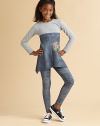 A solid bodice connects to a mock faded jean print skirt with a sequin-accented graphic and asymmetrical hem for a cute look.Crewneck Long sleeves Pullover style A-line silhouette Empire waist Inverted U-shaped hem 85% rayon/15% spandex Hand wash Additional InformationKid's Apparel Size Guide 