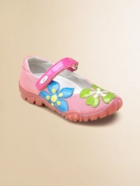 Classic Mary Janes are given a sporty, yet girly, update with a rubber sole, woven detail and vibrant flowers.Grip-tape ankle strapFaux patent and woven textile upperLeather liningRubber solePadded insoleImported