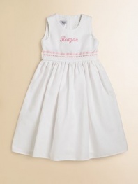 A classic look for adorable girls everywhere, shaped from soft cotton piqué with a grosgrain ribbon waist and pretty pink trim. Back button closure Gathered empire waist Cotton Machine wash Made in USA FOR PERSONALIZATION Select a quantity, then scroll down and click on PERSONALIZE & ADD TO BAG to choose and preview your personalization options. Please allow 2 weeks for delivery.