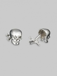 A wicked skull and crossbone cuff link set in fine sterling silver. Sterling silver Stationary back About ½ diam. Made in USA