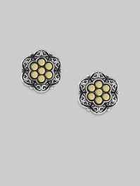 An elegant flower-shaped design combining a frame of sterling silver and a center of 18k gold dots.Sterling silver and 18k yellow gold Diameter, about ¾ T back Made in USA