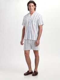A remarkably comfortable shirt and shorts set made especially for summer with openweave stripes in breathable cotton. Machine wash. Imported.SHIRTFront button closure Chest patch pocketSHORTSSide elastic waist insets Two-button elastic waist Button fly No pockets Inseam, about 4 