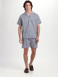 A remarkably comfortable shirt and shorts set, woven especially for summer in breathable cotton batiste. Machine wash. Imported.SHIRTSpread collar Front button closure Chest patch pocketSHORTSSide elastic waist insets Two-button elastic waist Button fly No pockets Inseam, about 4 