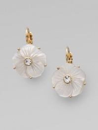 Mother of pearl flowers feature sparkling glass bead centers.Mother of pearl, glass 12K goldplated Drop, about 1 Width, about ½ Leverbacks Imported