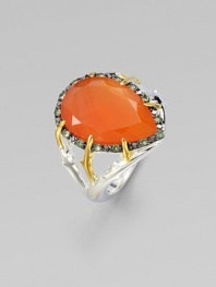 From the Thorn Collection. Gnarly thorns of goldplated sterling silver hold a faceted teardrop of richly colored carnelian, framed in soft green tsavorite stones on a sterling silver thorn band. Carnelian and tsavorite Sterling silver and 18k goldplated sterling silverLength, about ¾Imported